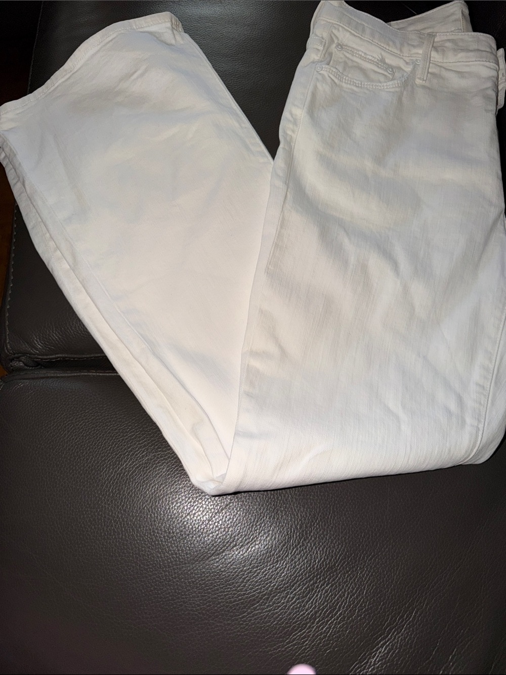 MOTHER Weekender  White Denim Jeans with Subtle Orange Stitch Accent